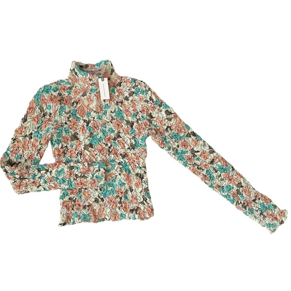 NWT Anthropologie DOLAN Turtleneck Top XS Printed Pebble Smocked - Picture 3 of 7